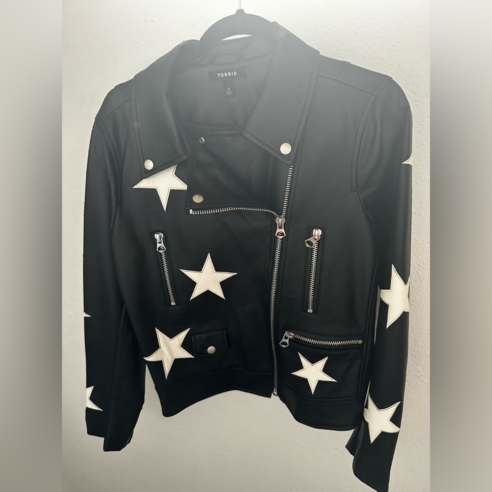 Vegan Leather Star Motorcycle Jacket with some damage on the left side. Torrid 0